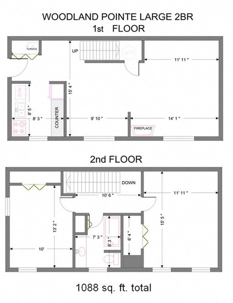 2 Bedroom 1 Bath 1088 Sq Ft Townhome Floor Plan  at Woodland Pointe Apartments and Townhomes, Integrity Realty, Kent